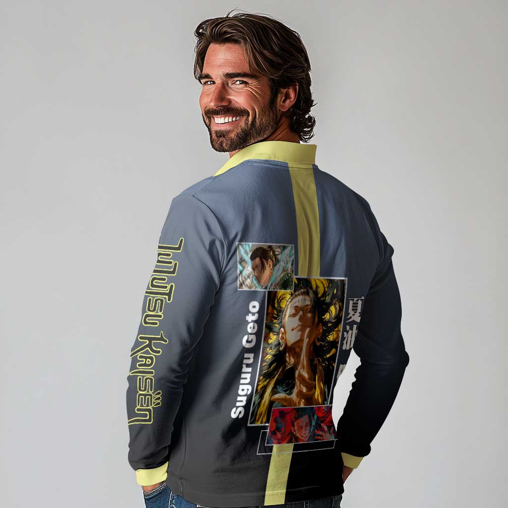Suguru Geto from Jujutsu Kaisen Long Sleeve Polo Shirt with Yellow and Blue Background and Multiple Poses Design - The Mazicc