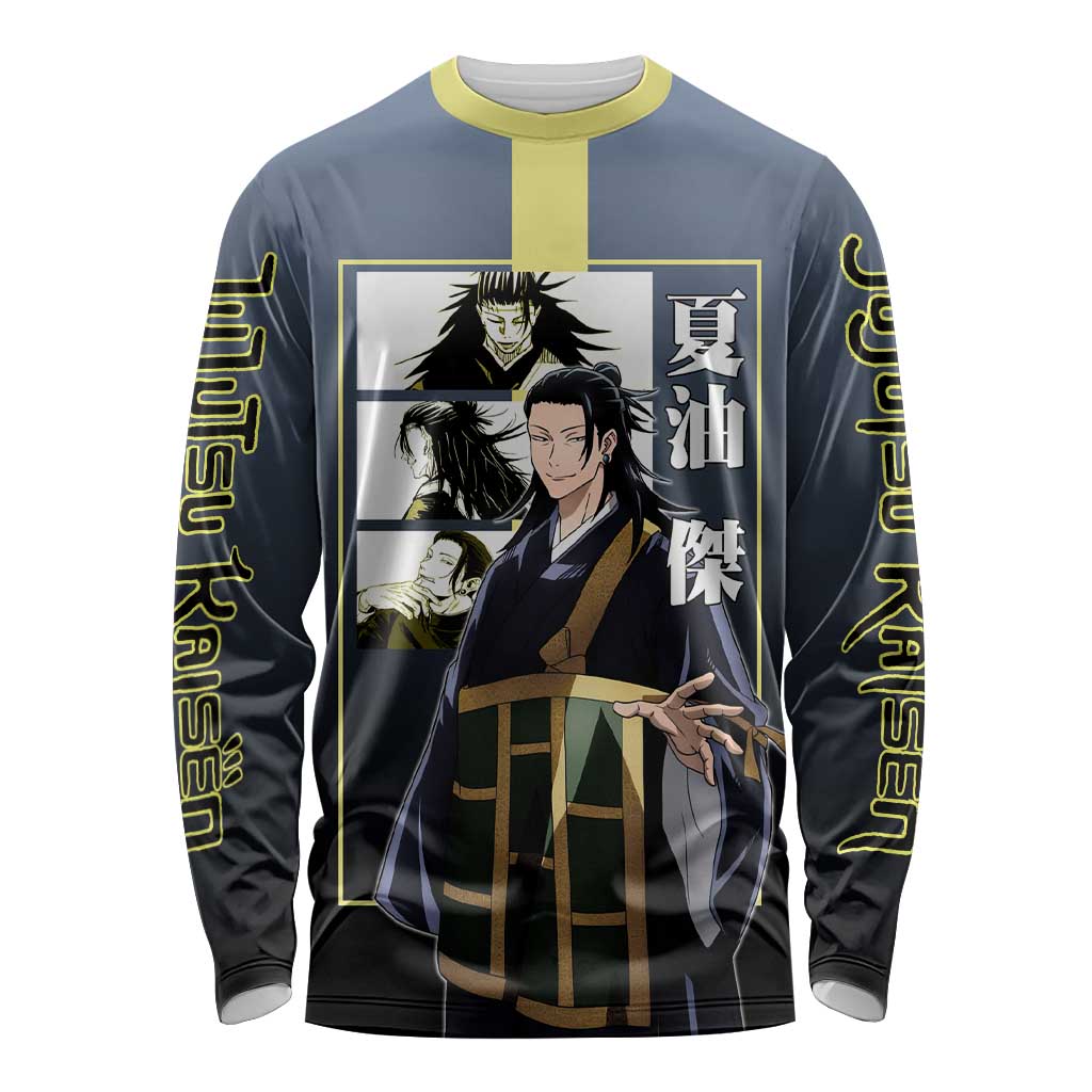 Suguru Geto from Jujutsu Kaisen Long Sleeve Shirt with Yellow and Blue Background and Multiple Poses Design - The Mazicc