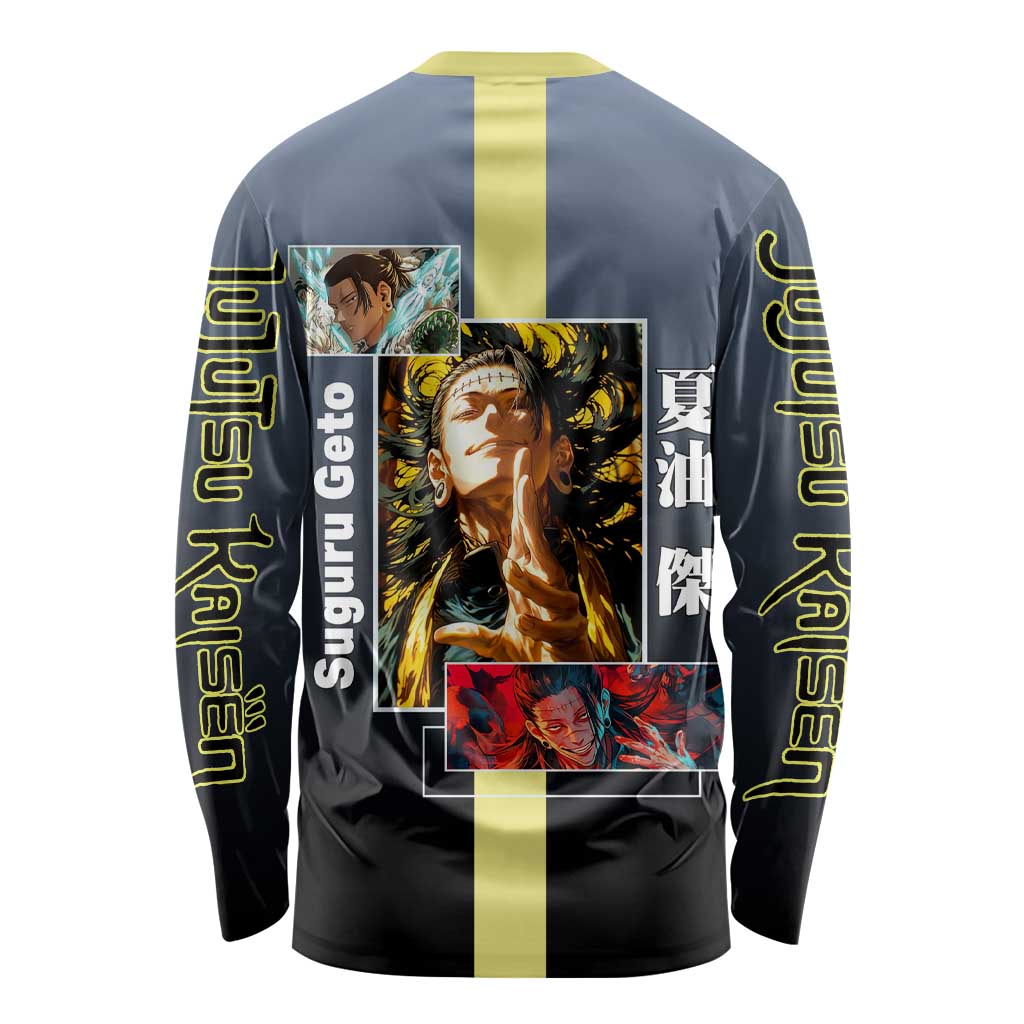 Suguru Geto from Jujutsu Kaisen Long Sleeve Shirt with Yellow and Blue Background and Multiple Poses Design - The Mazicc