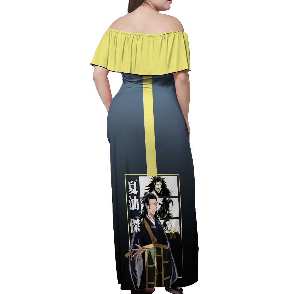 Suguru Geto from Jujutsu Kaisen Off Shoulder Maxi Dress with Yellow and Blue Background and Multiple Poses Design - The Mazicc