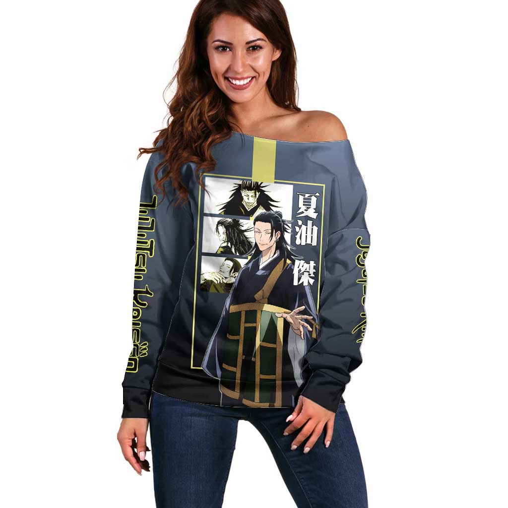 Suguru Geto from Jujutsu Kaisen Off Shoulder Sweater with Yellow and Blue Background and Multiple Poses Design - The Mazicc