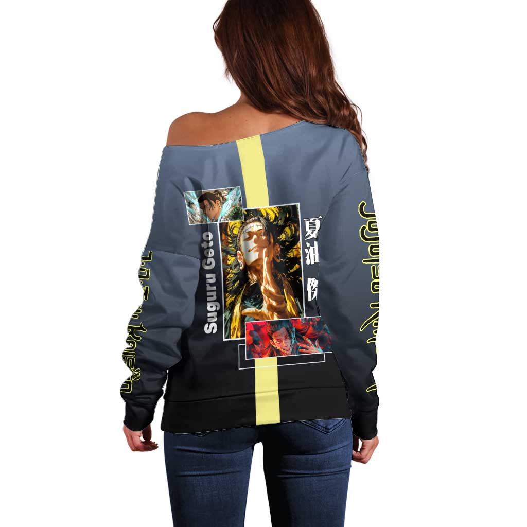 Suguru Geto from Jujutsu Kaisen Off Shoulder Sweater with Yellow and Blue Background and Multiple Poses Design - The Mazicc
