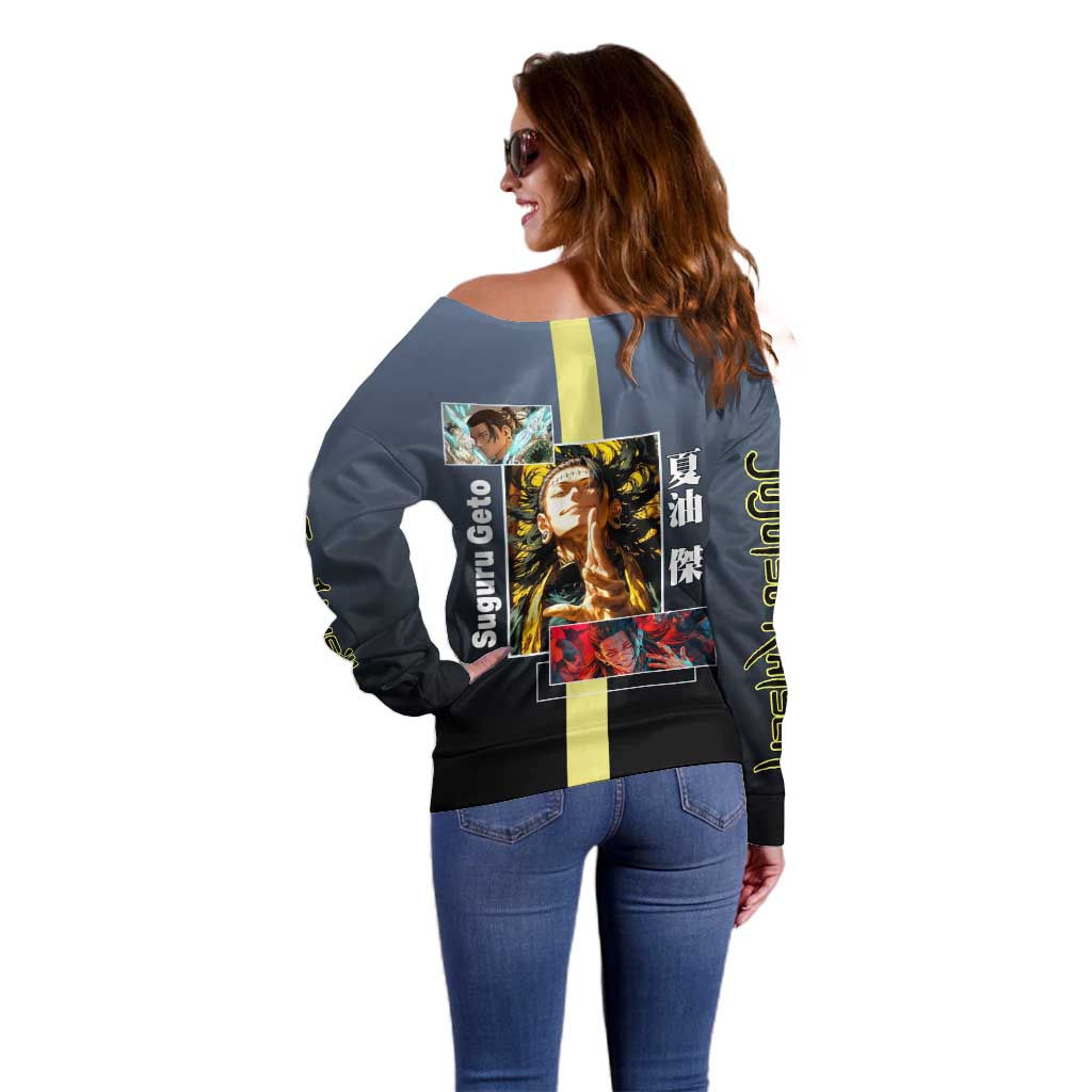 Suguru Geto from Jujutsu Kaisen Off Shoulder Sweater with Yellow and Blue Background and Multiple Poses Design - The Mazicc