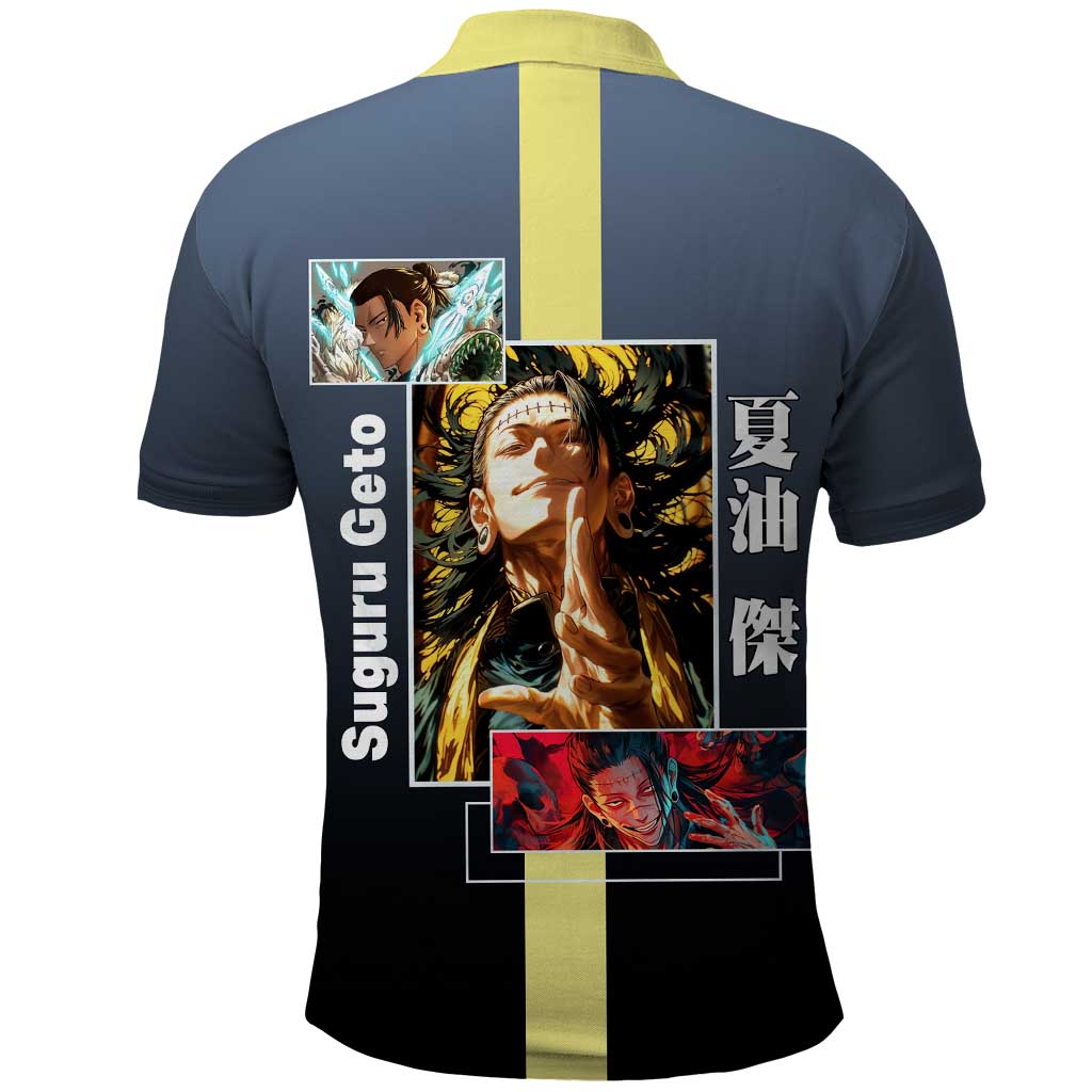 Suguru Geto from Jujutsu Kaisen Polo Shirt with Yellow and Blue Background and Multiple Poses Design - The Mazicc