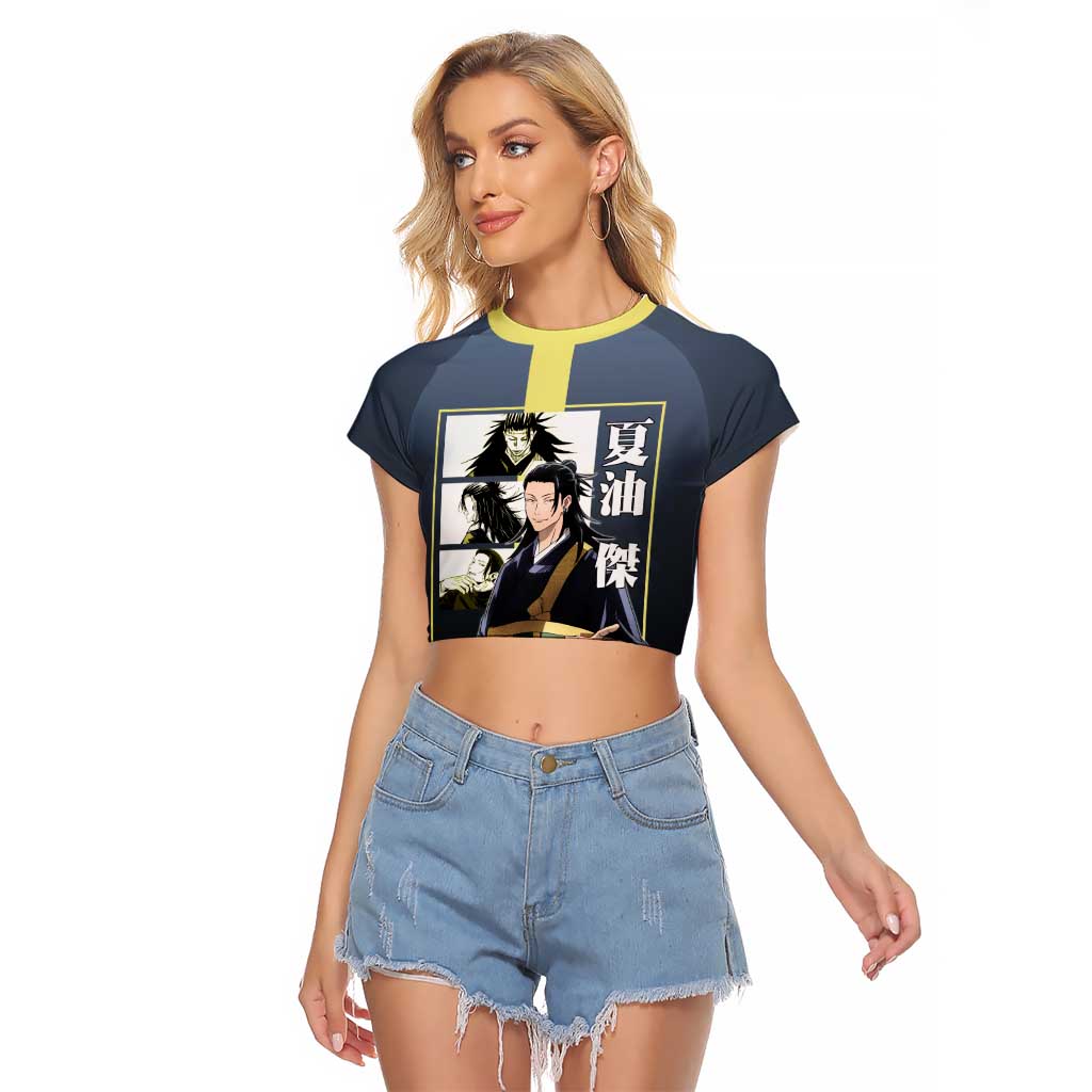 Suguru Geto from Jujutsu Kaisen Raglan Cropped T Shirt with Yellow and Blue Background and Multiple Poses Design - The Mazicc