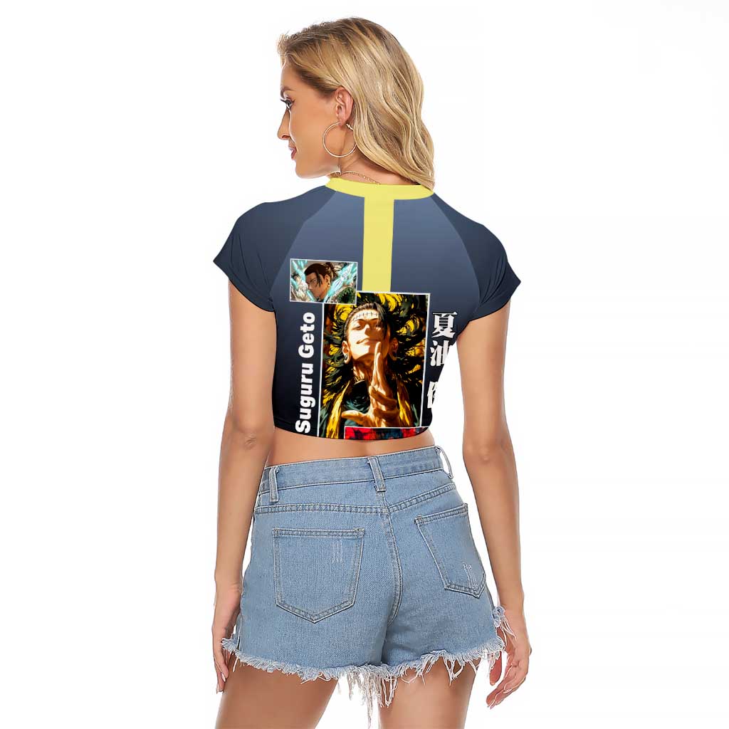 Suguru Geto from Jujutsu Kaisen Raglan Cropped T Shirt with Yellow and Blue Background and Multiple Poses Design - The Mazicc
