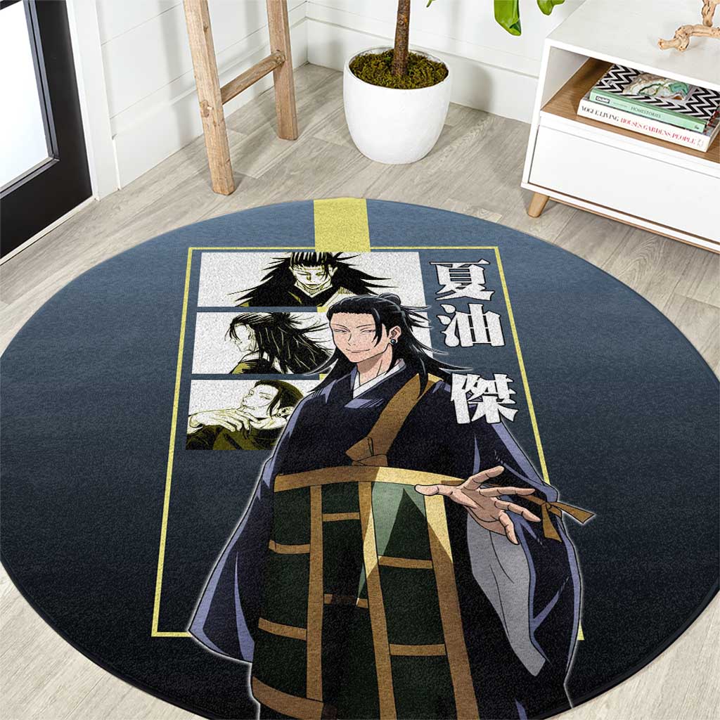 Suguru Geto from Jujutsu Kaisen Round Carpet with Yellow and Blue Background and Multiple Poses Design - The Mazicc