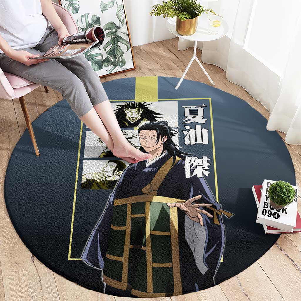 Suguru Geto from Jujutsu Kaisen Round Carpet with Yellow and Blue Background and Multiple Poses Design - The Mazicc