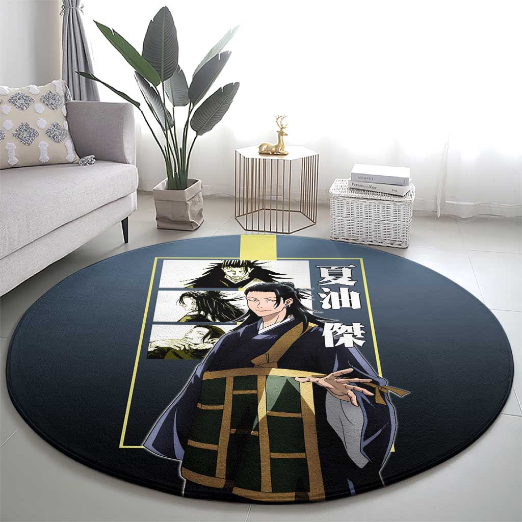 Suguru Geto from Jujutsu Kaisen Round Carpet with Yellow and Blue Background and Multiple Poses Design - The Mazicc