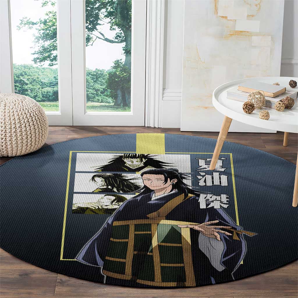 Suguru Geto from Jujutsu Kaisen Round Carpet with Yellow and Blue Background and Multiple Poses Design - The Mazicc