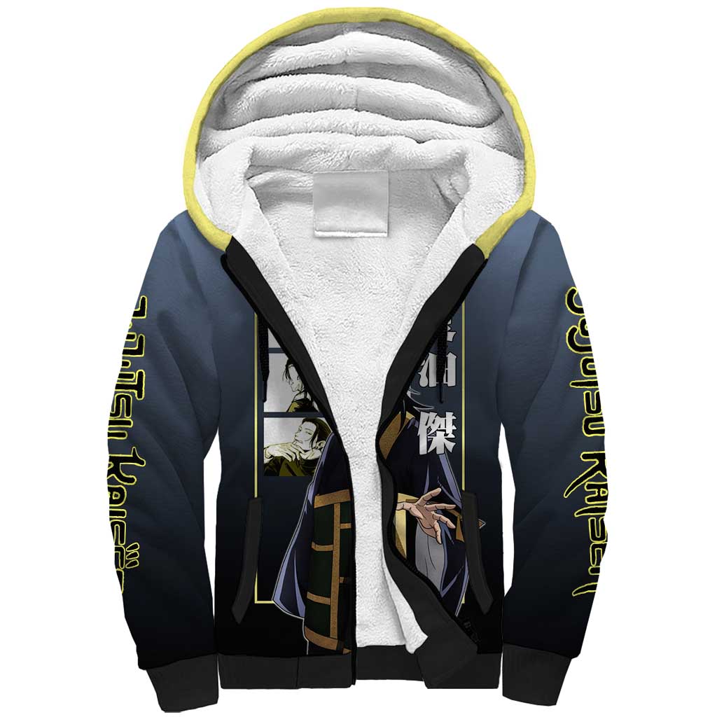Suguru Geto from Jujutsu Kaisen Sherpa Hoodie with Yellow and Blue Background and Multiple Poses Design - The Mazicc