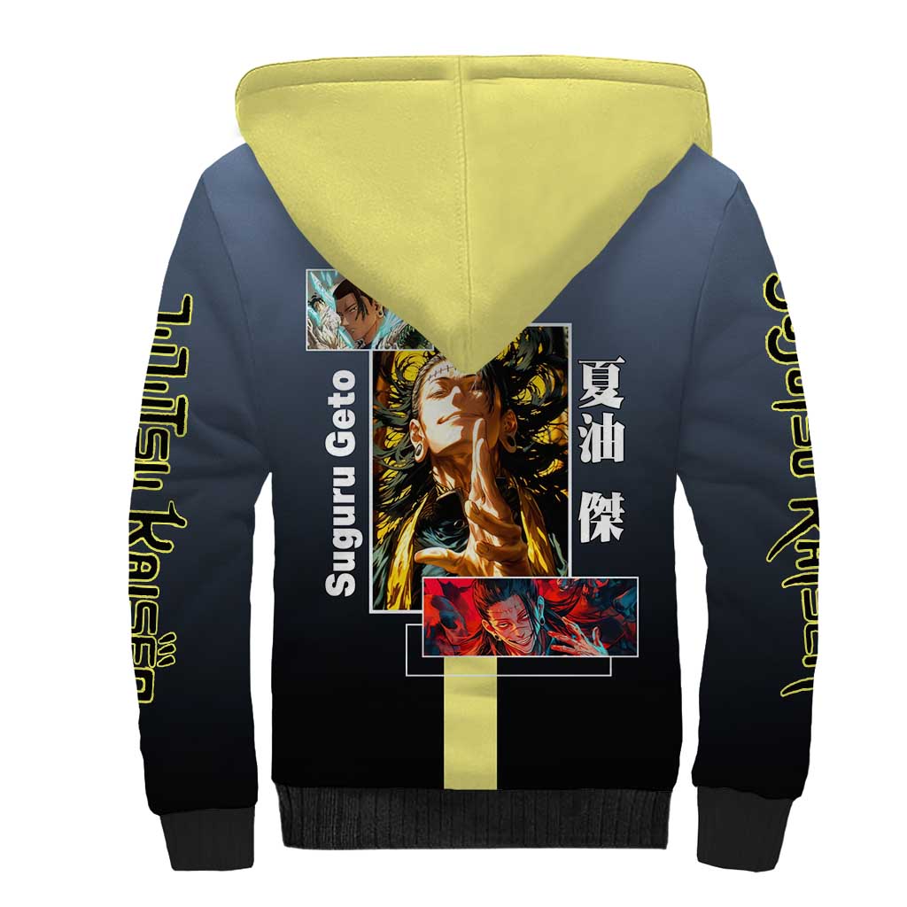 Suguru Geto from Jujutsu Kaisen Sherpa Hoodie with Yellow and Blue Background and Multiple Poses Design - The Mazicc