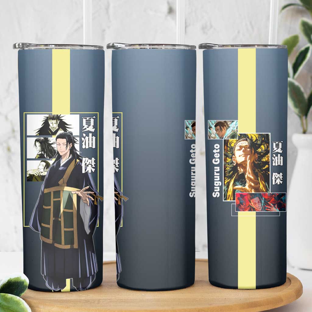 Suguru Geto from Jujutsu Kaisen Skinny Tumbler with Yellow and Blue Background and Multiple Poses Design - The Mazicc