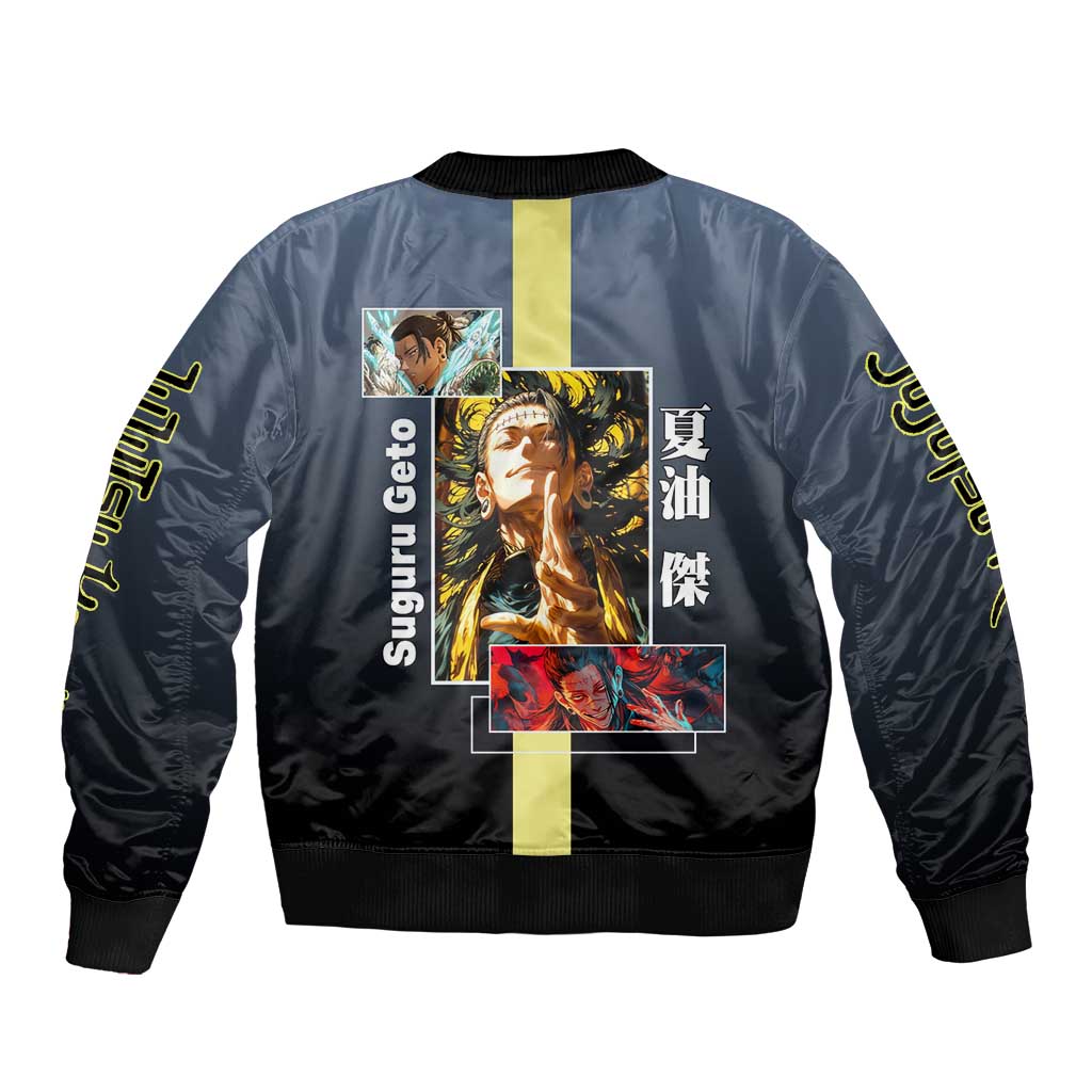 Suguru Geto from Jujutsu Kaisen Sleeve Zip Bomber Jacket with Yellow and Blue Background and Multiple Poses Design - The Mazicc