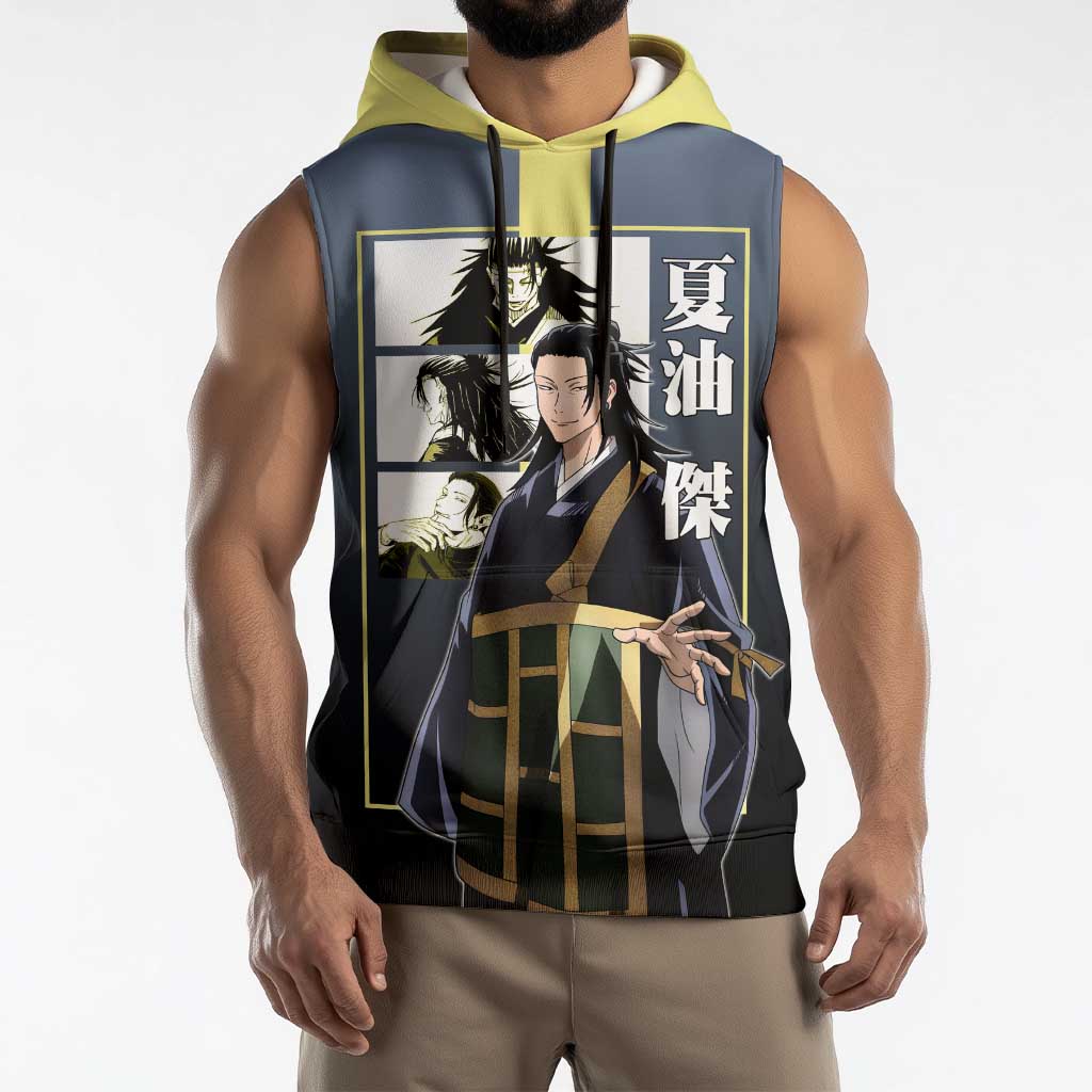 Suguru Geto from Jujutsu Kaisen Sleeveless Hoodie with Yellow and Blue Background and Multiple Poses Design - The Mazicc