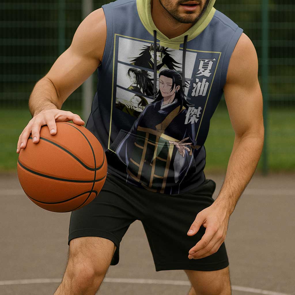 Suguru Geto from Jujutsu Kaisen Sleeveless Hoodie with Yellow and Blue Background and Multiple Poses Design - The Mazicc