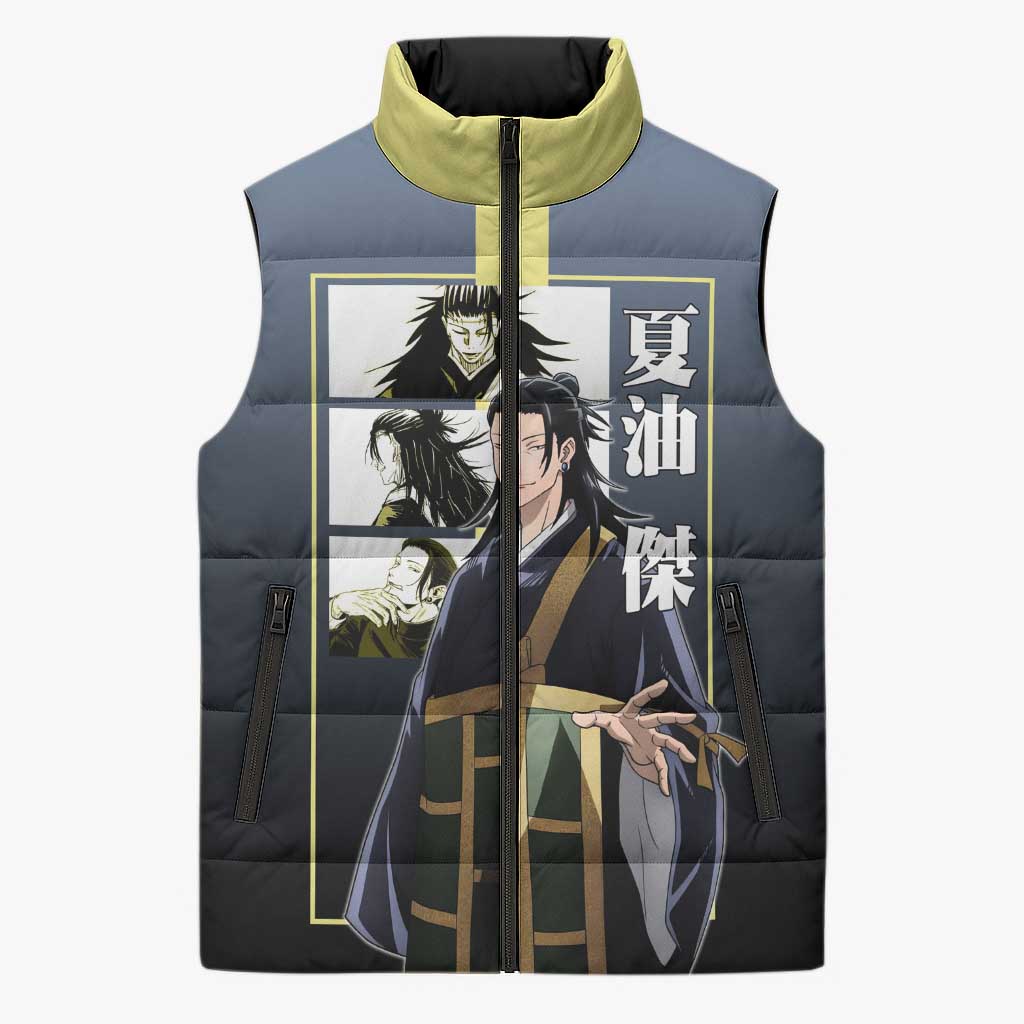 Suguru Geto from Jujutsu Kaisen Sleeveless Puffer Jacket with Yellow and Blue Background and Multiple Poses Design - The Mazicc