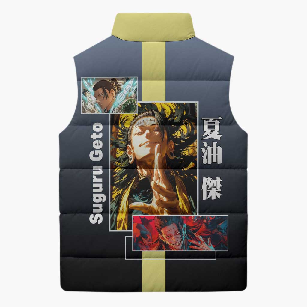Suguru Geto from Jujutsu Kaisen Sleeveless Puffer Jacket with Yellow and Blue Background and Multiple Poses Design - The Mazicc