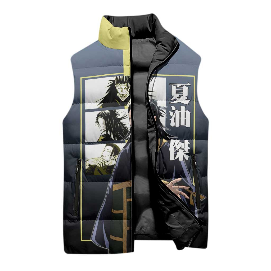 Suguru Geto from Jujutsu Kaisen Sleeveless Puffer Jacket with Yellow and Blue Background and Multiple Poses Design - The Mazicc
