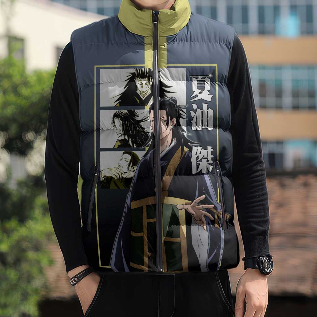 Suguru Geto from Jujutsu Kaisen Sleeveless Puffer Jacket with Yellow and Blue Background and Multiple Poses Design - The Mazicc