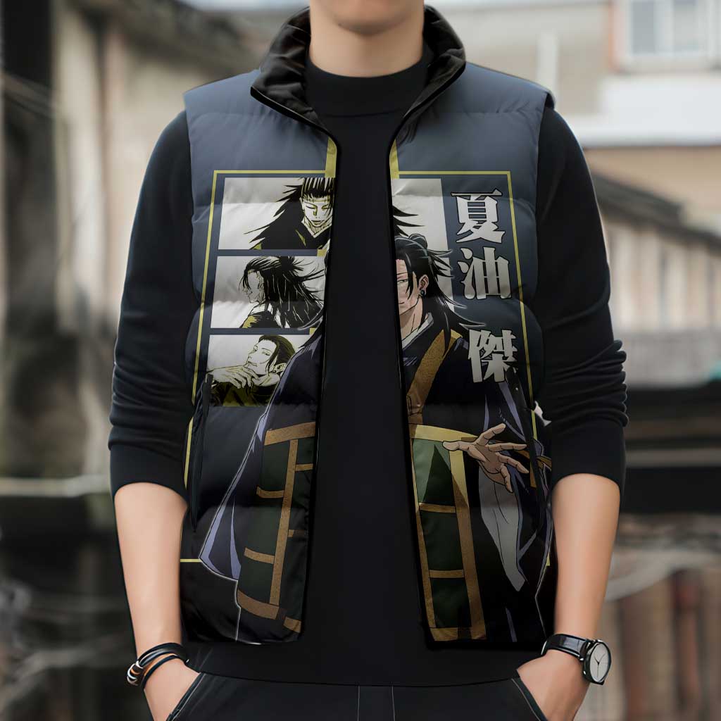 Suguru Geto from Jujutsu Kaisen Sleeveless Puffer Jacket with Yellow and Blue Background and Multiple Poses Design - The Mazicc
