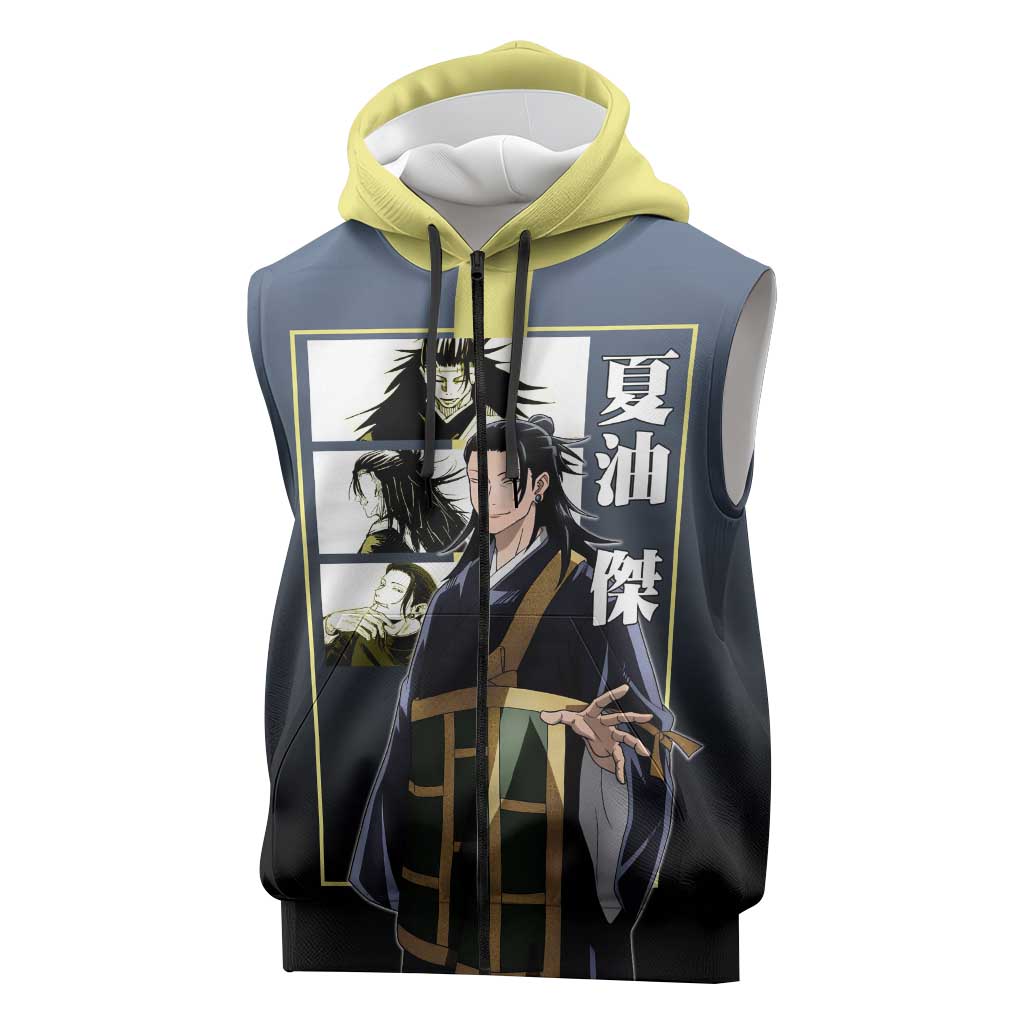 Suguru Geto from Jujutsu Kaisen Sleeveless Zip Hoodie with Yellow and Blue Background and Multiple Poses Design - The Mazicc