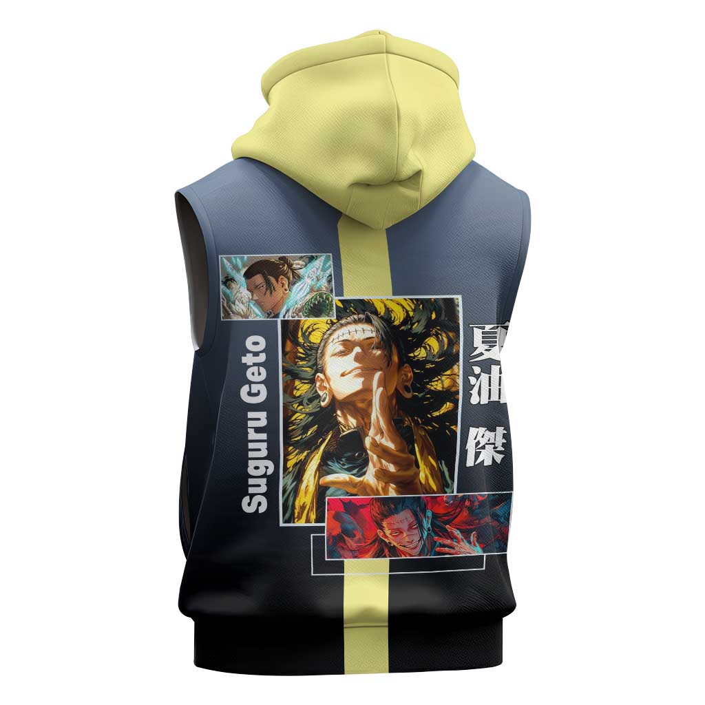 Suguru Geto from Jujutsu Kaisen Sleeveless Zip Hoodie with Yellow and Blue Background and Multiple Poses Design - The Mazicc