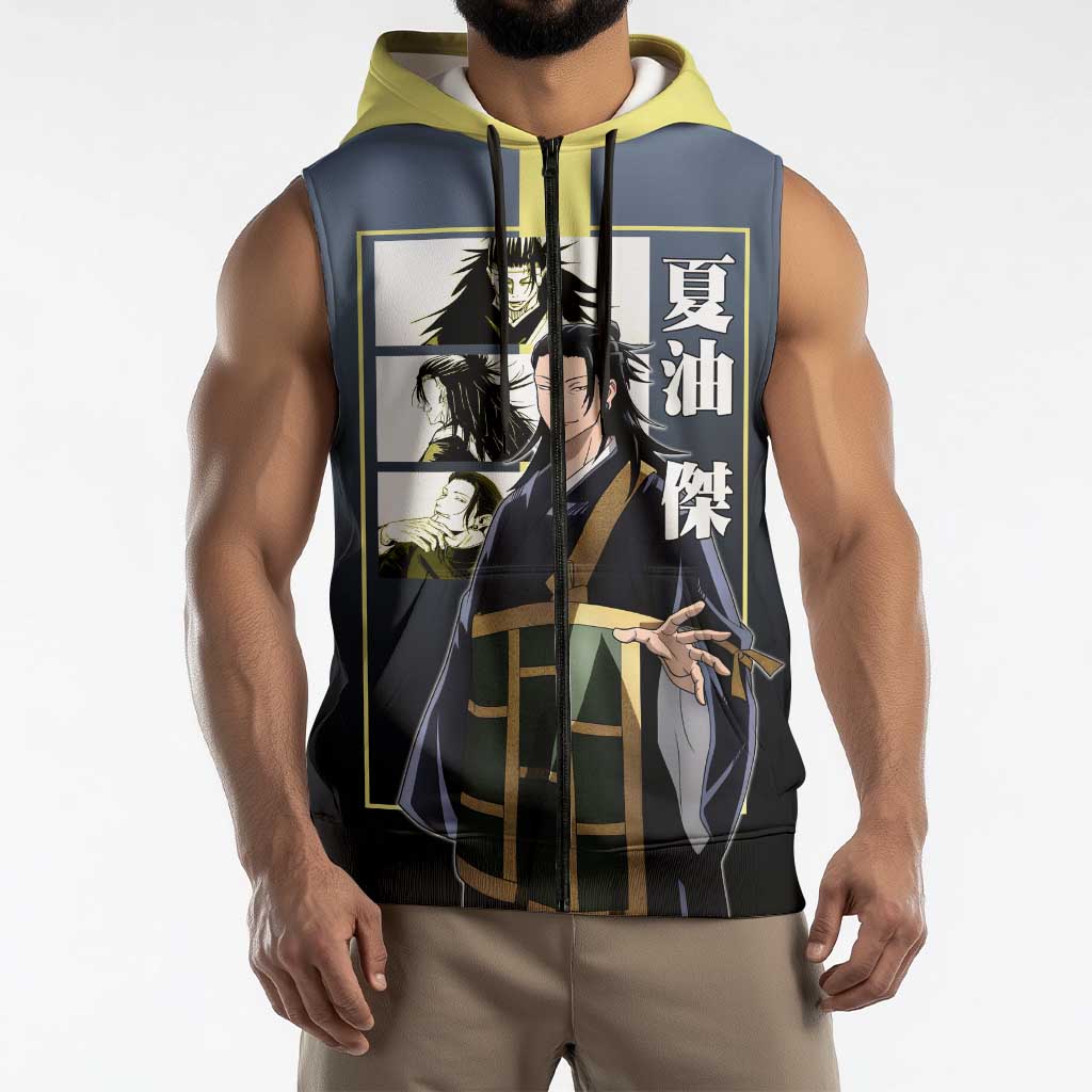 Suguru Geto from Jujutsu Kaisen Sleeveless Zip Hoodie with Yellow and Blue Background and Multiple Poses Design - The Mazicc