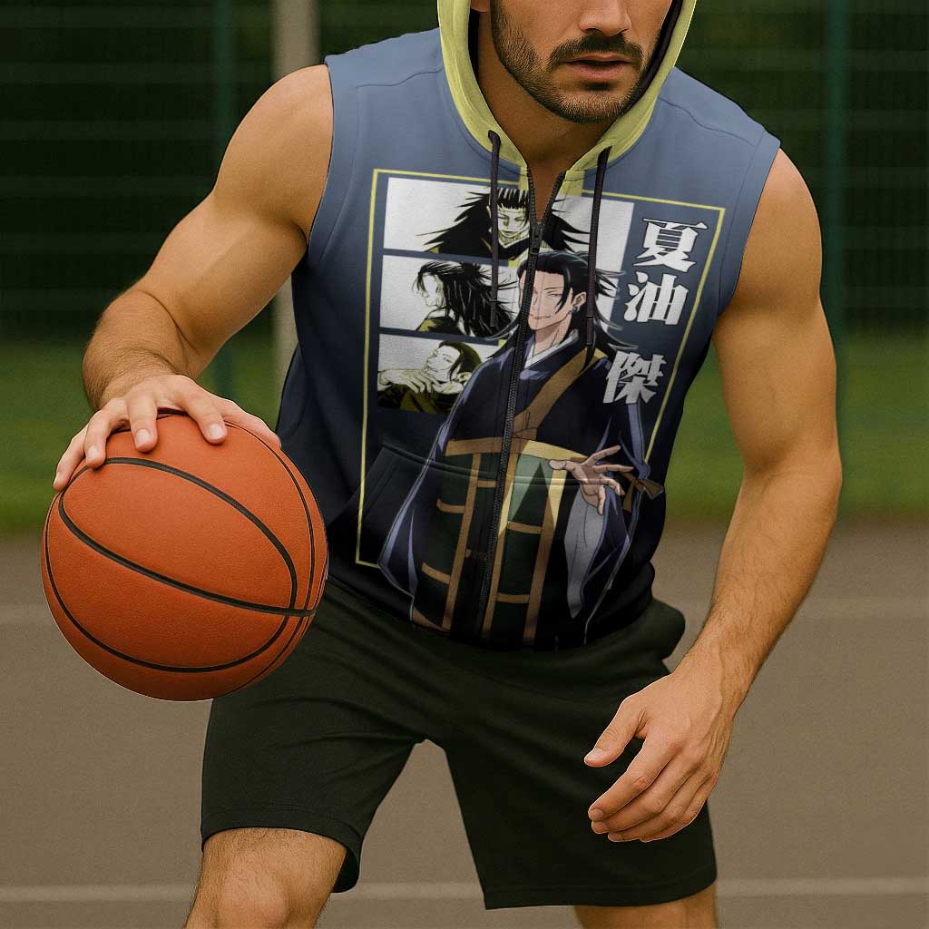 Suguru Geto from Jujutsu Kaisen Sleeveless Zip Hoodie with Yellow and Blue Background and Multiple Poses Design - The Mazicc
