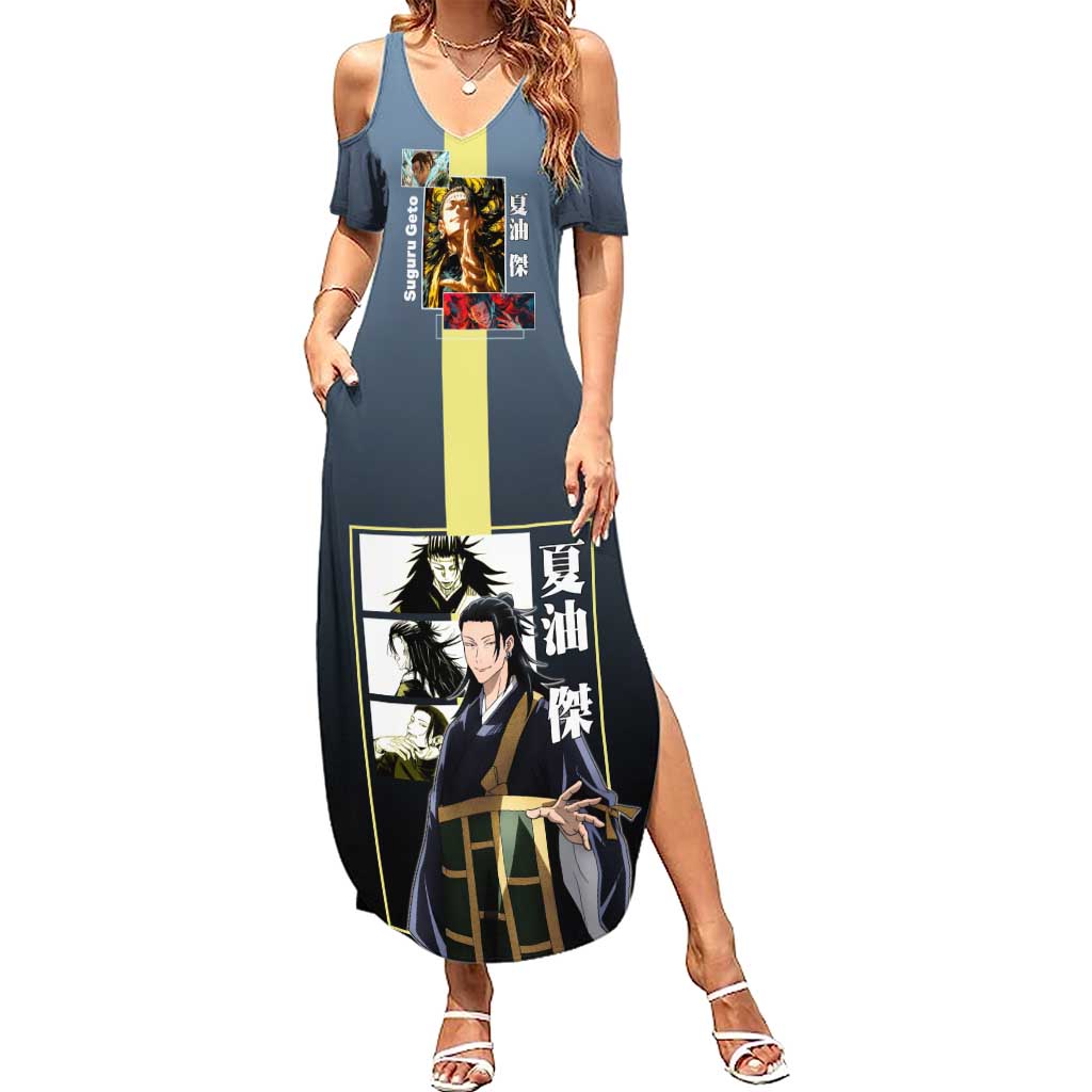 Suguru Geto from Jujutsu Kaisen Summer Maxi Dress with Yellow and Blue Background and Multiple Poses Design - The Mazicc