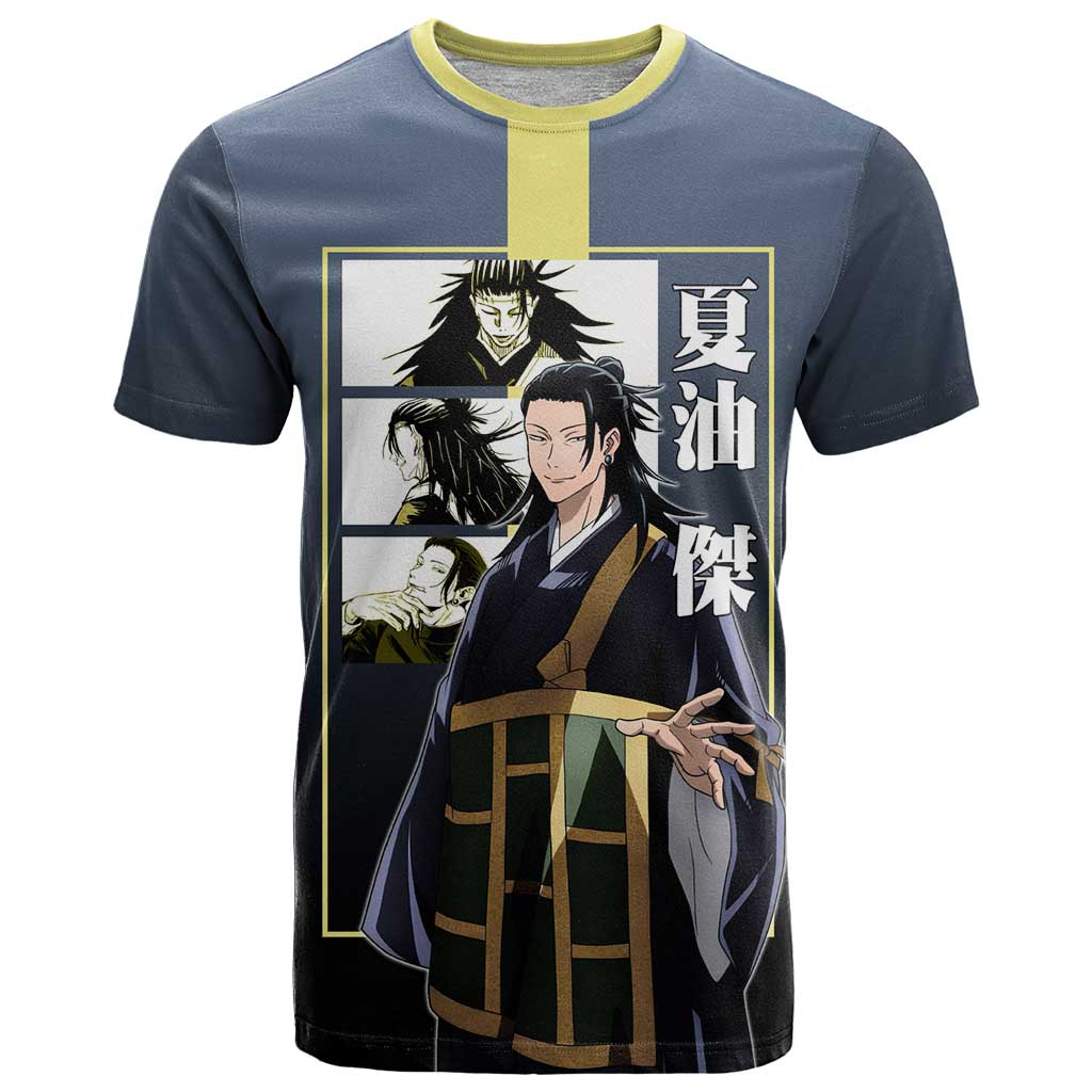 Suguru Geto from Jujutsu Kaisen T Shirt with Yellow and Blue Background and Multiple Poses Design - The Mazicc