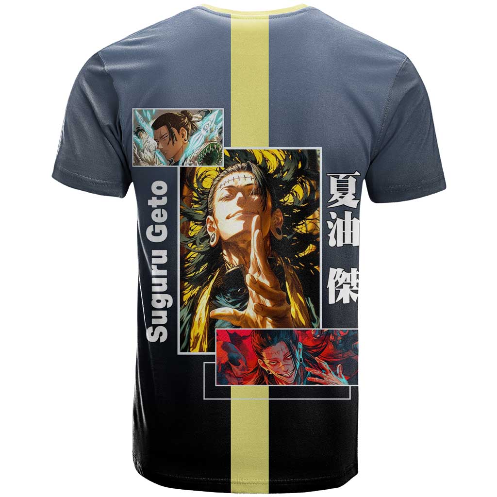 Suguru Geto from Jujutsu Kaisen T Shirt with Yellow and Blue Background and Multiple Poses Design - The Mazicc