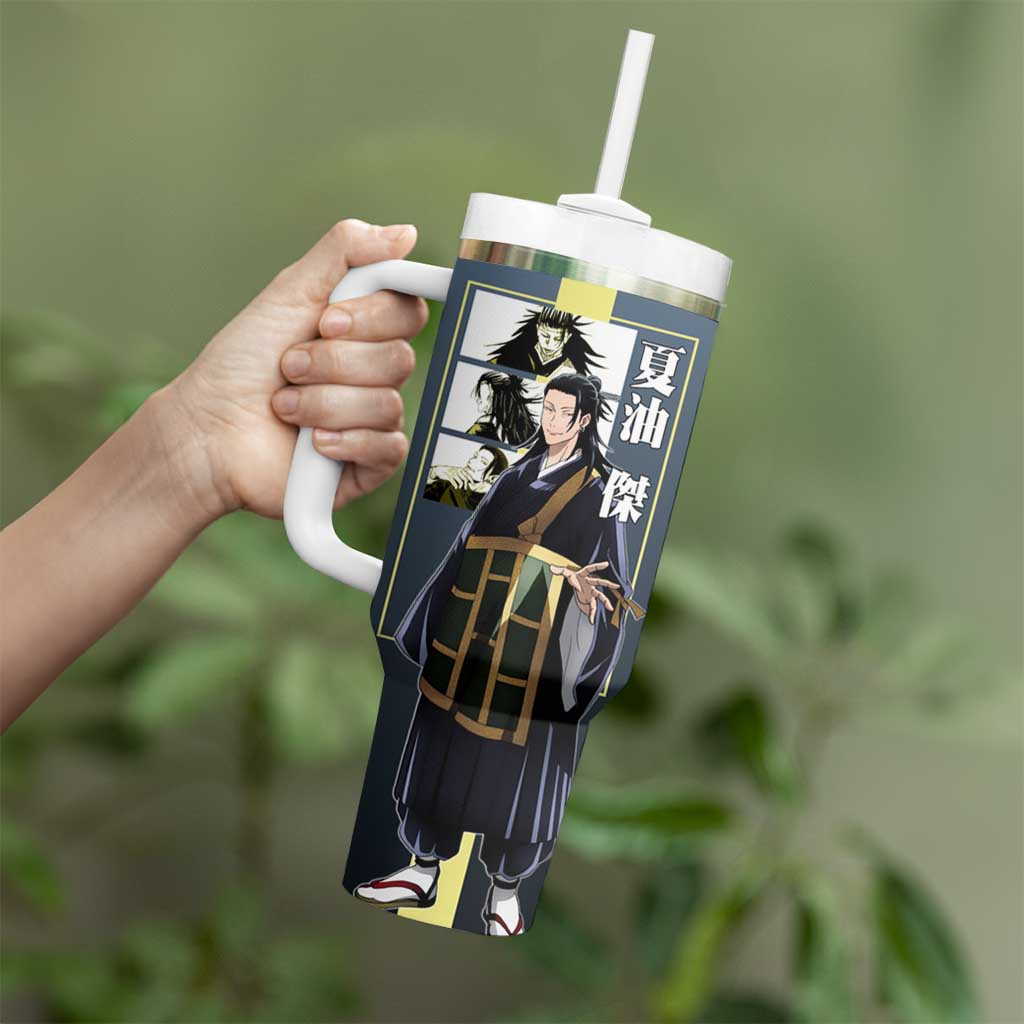 Suguru Geto from Jujutsu Kaisen Tumbler With Handle with Yellow and Blue Background and Multiple Poses Design - The Mazicc