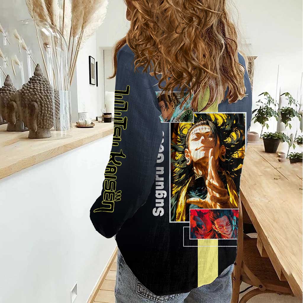 Suguru Geto from Jujutsu Kaisen Women Casual Shirt with Yellow and Blue Background and Multiple Poses Design - The Mazicc
