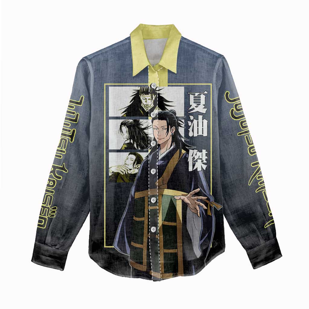 Suguru Geto from Jujutsu Kaisen Women Casual Shirt with Yellow and Blue Background and Multiple Poses Design - The Mazicc