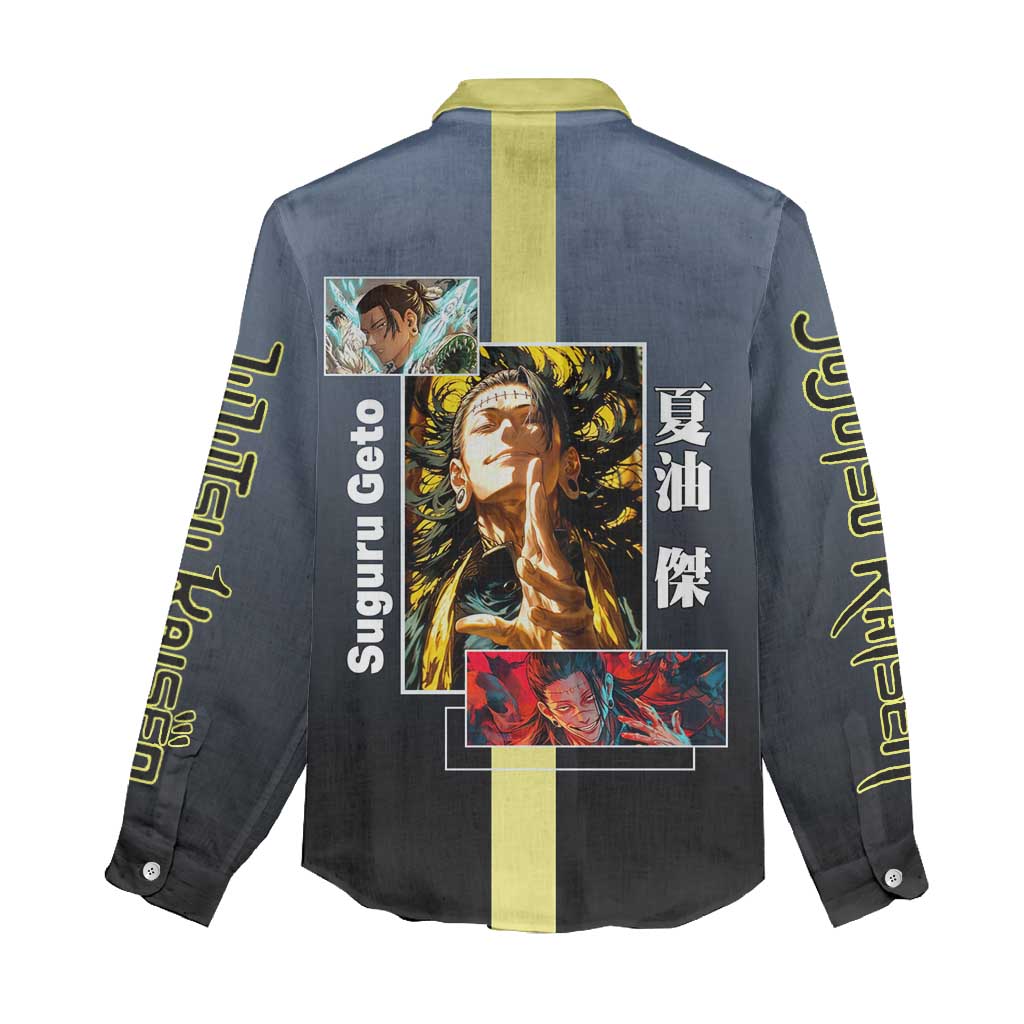 Suguru Geto from Jujutsu Kaisen Women Casual Shirt with Yellow and Blue Background and Multiple Poses Design - The Mazicc