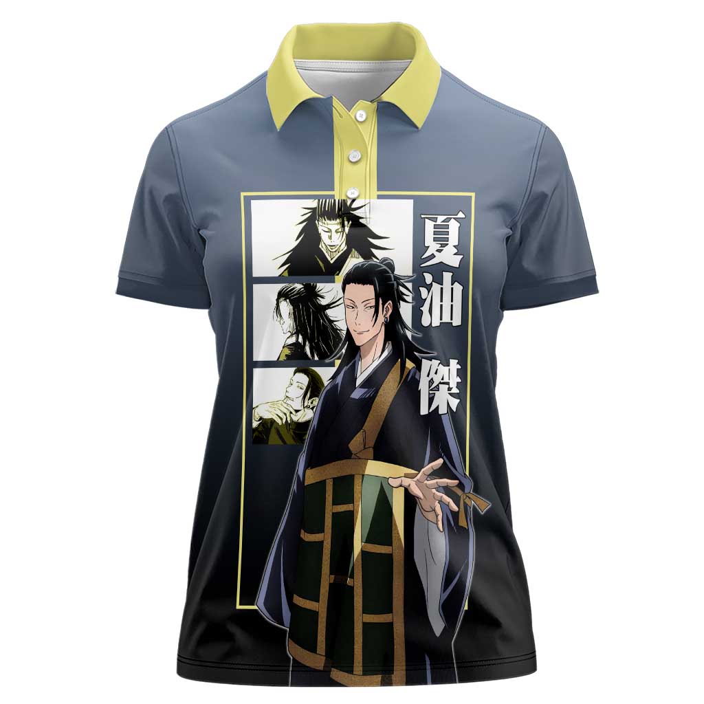 Suguru Geto from Jujutsu Kaisen Women Polo Shirt with Yellow and Blue Background and Multiple Poses Design - The Mazicc