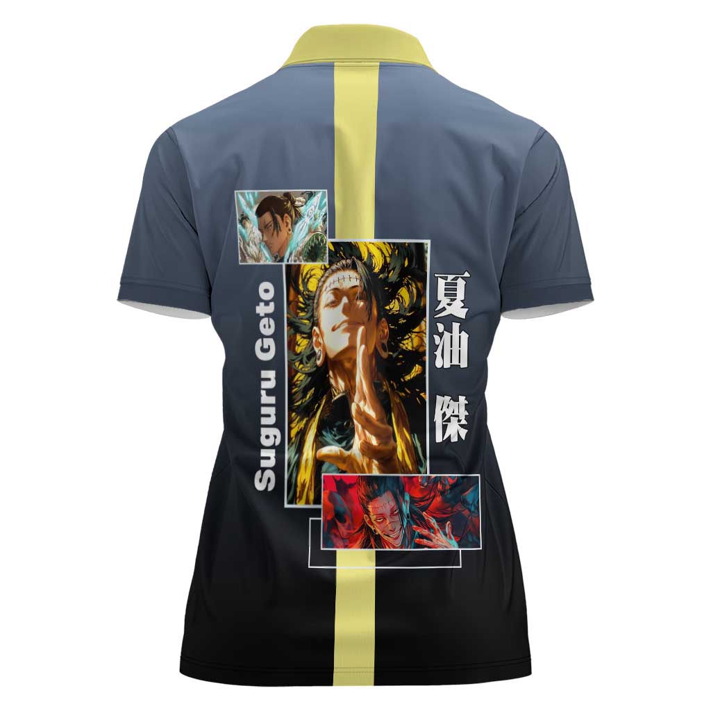 Suguru Geto from Jujutsu Kaisen Women Polo Shirt with Yellow and Blue Background and Multiple Poses Design - The Mazicc
