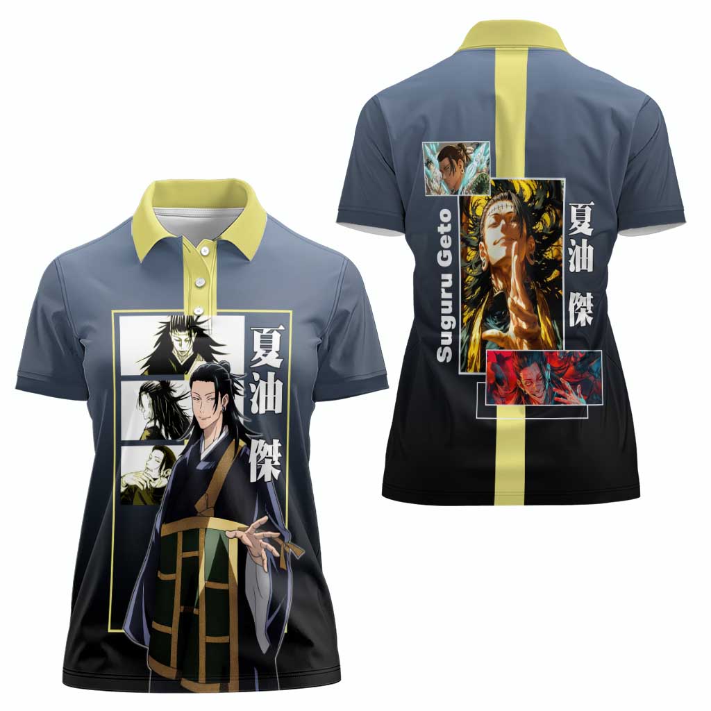 Suguru Geto from Jujutsu Kaisen Women Polo Shirt with Yellow and Blue Background and Multiple Poses Design - The Mazicc