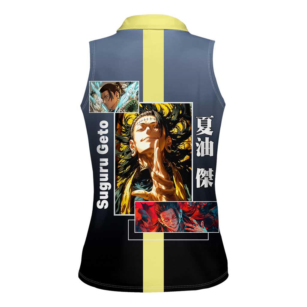 Suguru Geto from Jujutsu Kaisen Women Sleeveless Polo Shirt with Yellow and Blue Background and Multiple Poses Design - The Mazicc