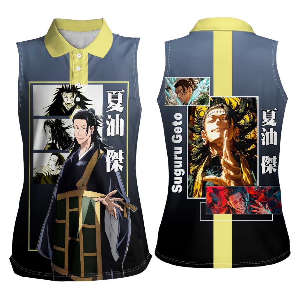Suguru Geto from Jujutsu Kaisen Women Sleeveless Polo Shirt with Yellow and Blue Background and Multiple Poses Design - The Mazicc