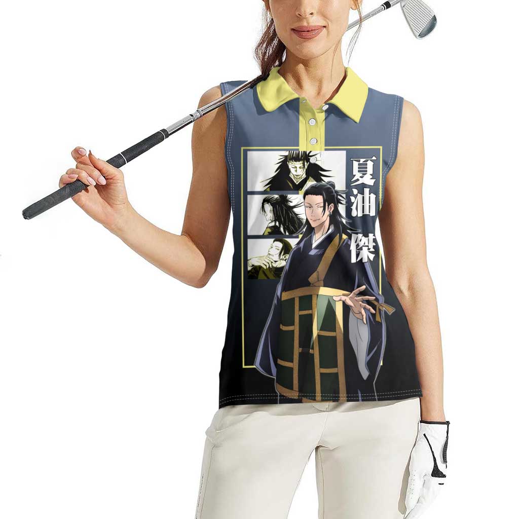 Suguru Geto from Jujutsu Kaisen Women Sleeveless Polo Shirt with Yellow and Blue Background and Multiple Poses Design - The Mazicc