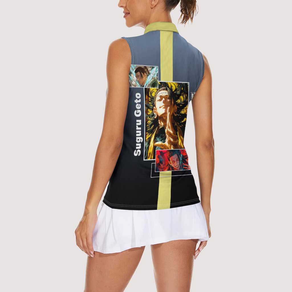 Suguru Geto from Jujutsu Kaisen Women Sleeveless Polo Shirt with Yellow and Blue Background and Multiple Poses Design - The Mazicc
