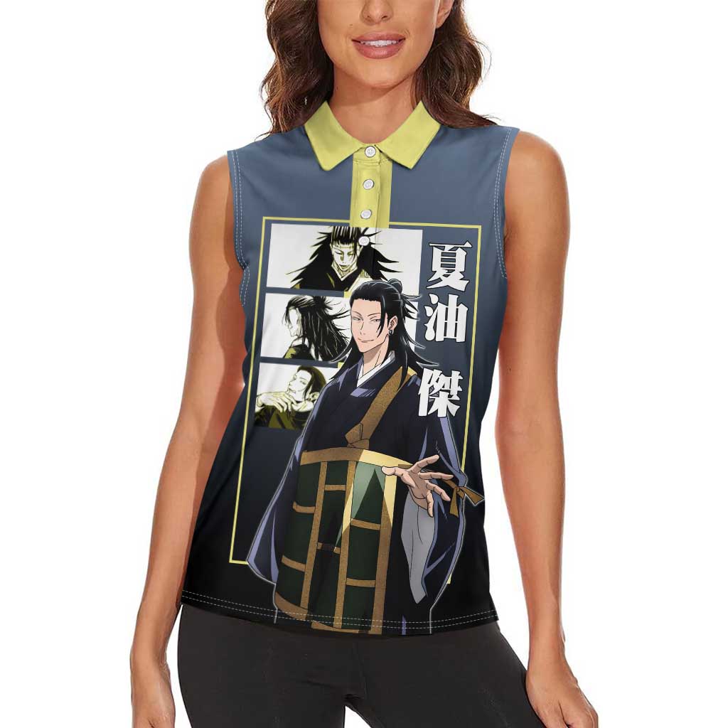 Suguru Geto from Jujutsu Kaisen Women Sleeveless Polo Shirt with Yellow and Blue Background and Multiple Poses Design - The Mazicc