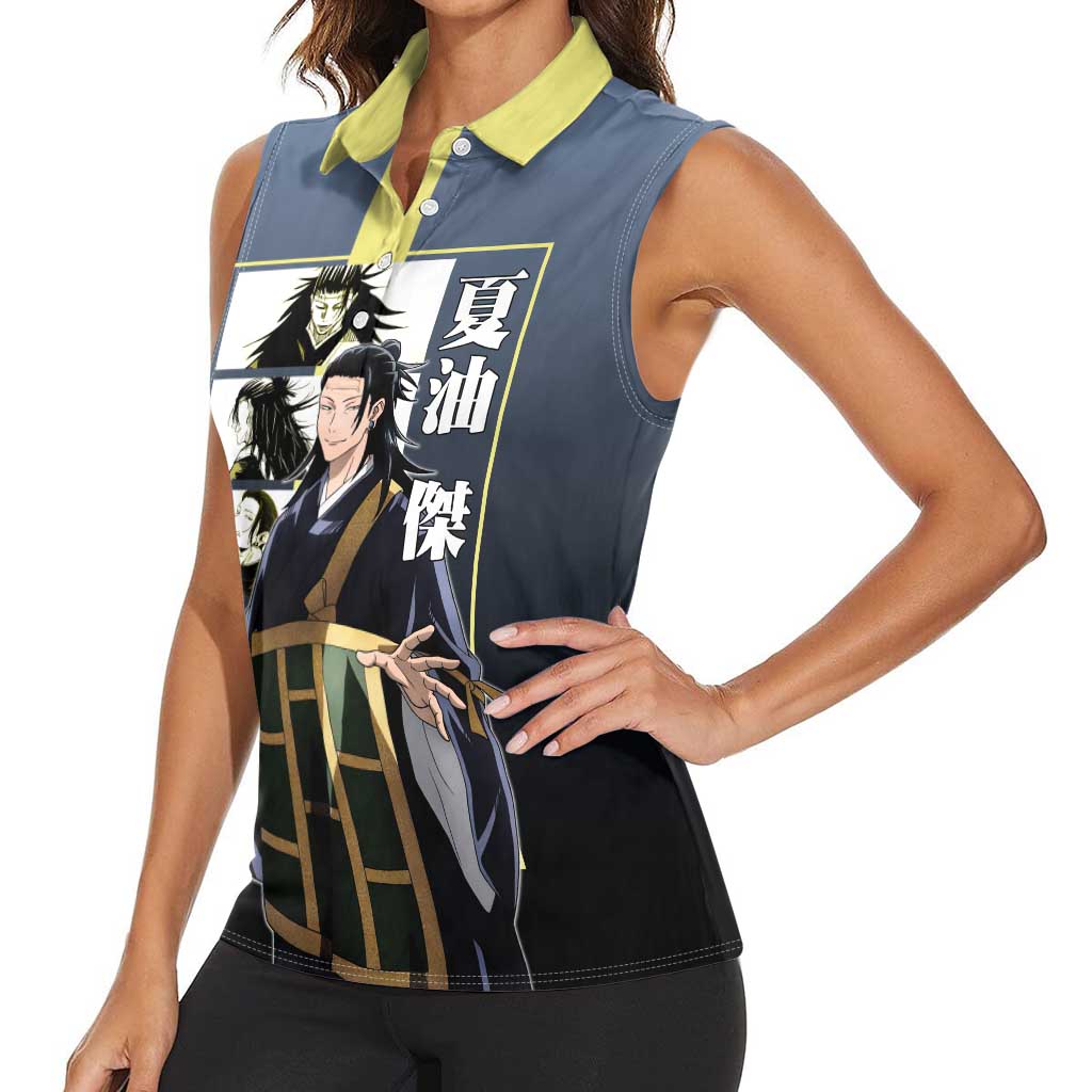 Suguru Geto from Jujutsu Kaisen Women Sleeveless Polo Shirt with Yellow and Blue Background and Multiple Poses Design - The Mazicc