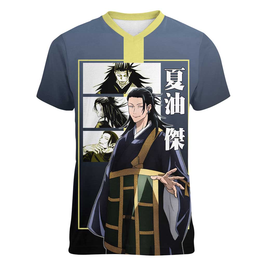 Suguru Geto from Jujutsu Kaisen Women V-Neck T-Shirt with Yellow and Blue Background and Multiple Poses Design - The Mazicc