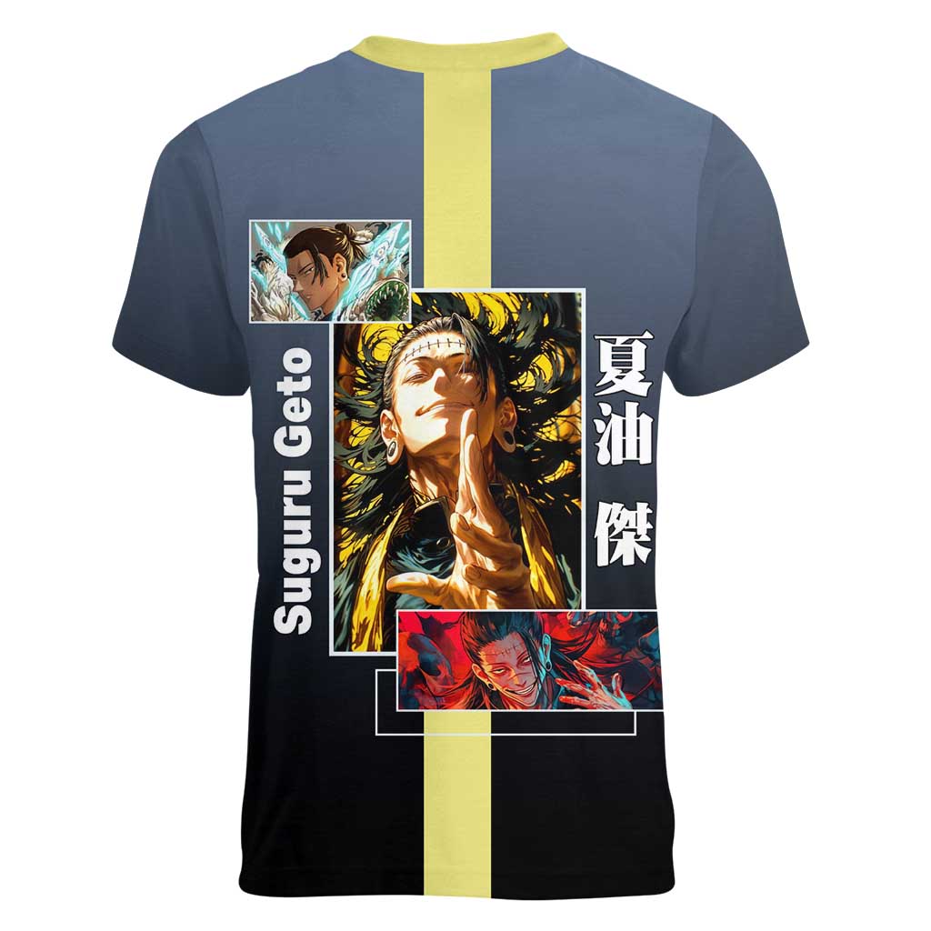 Suguru Geto from Jujutsu Kaisen Women V-Neck T-Shirt with Yellow and Blue Background and Multiple Poses Design - The Mazicc