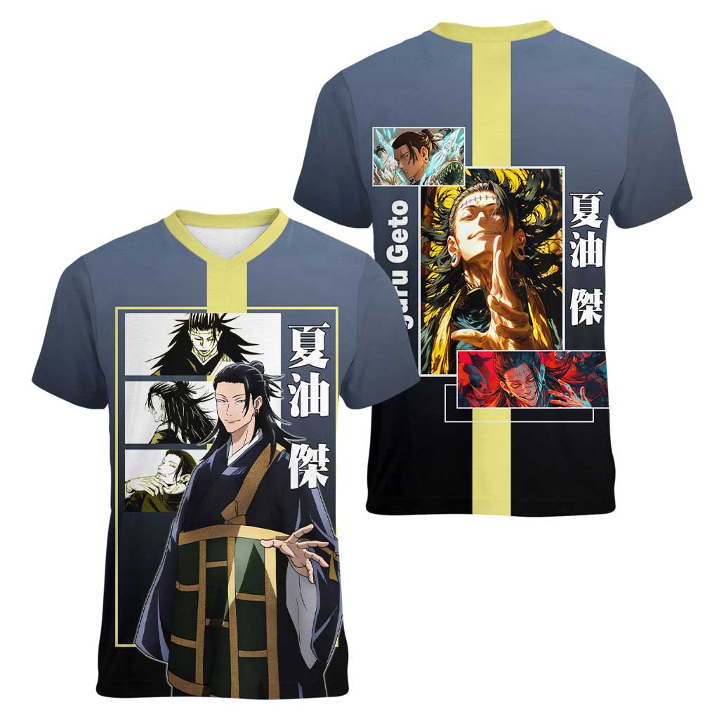 Suguru Geto from Jujutsu Kaisen Women V-Neck T-Shirt with Yellow and Blue Background and Multiple Poses Design - The Mazicc