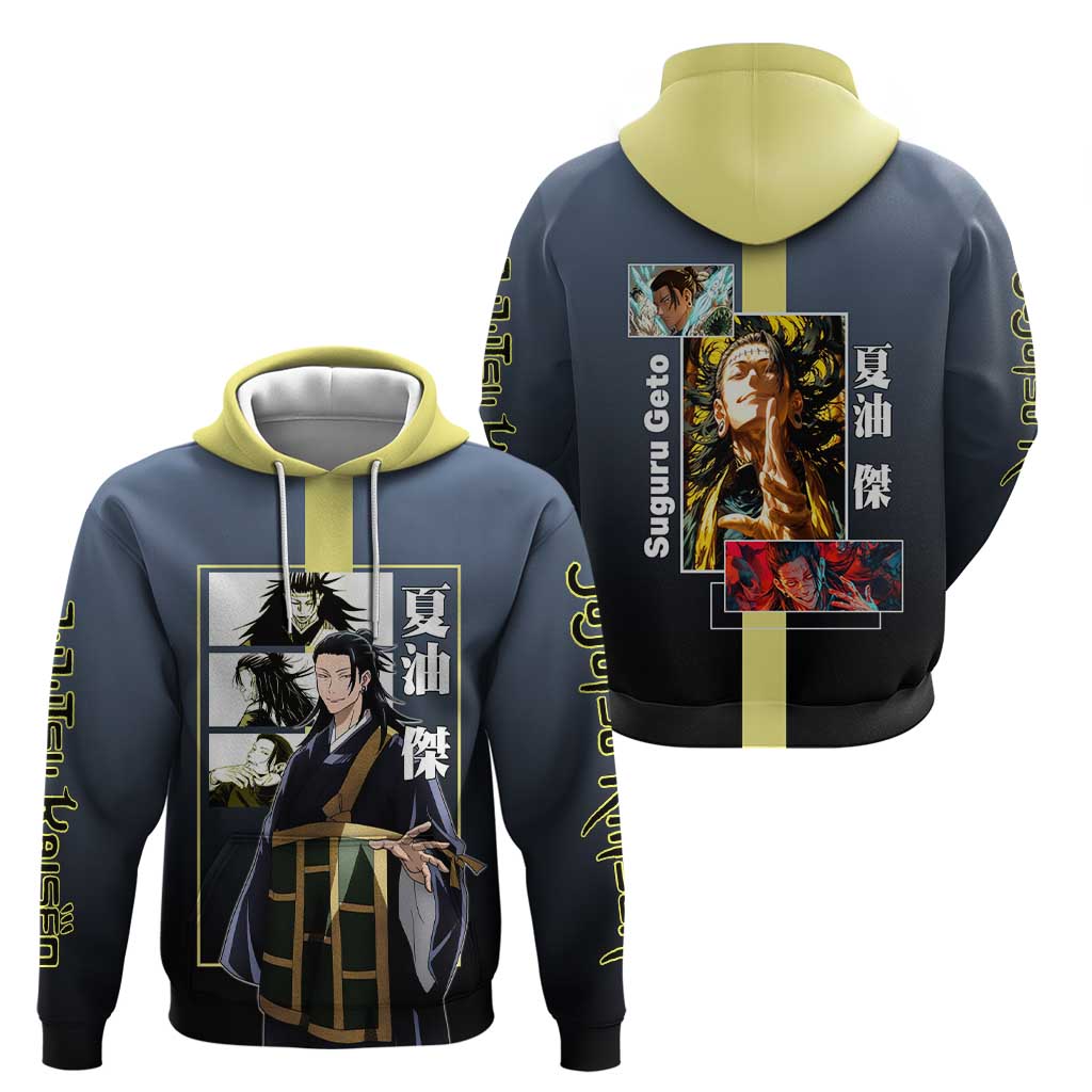 Suguru Geto from Jujutsu Kaisen Zip Hoodie with Yellow and Blue Background and Multiple Poses Design - The Mazicc