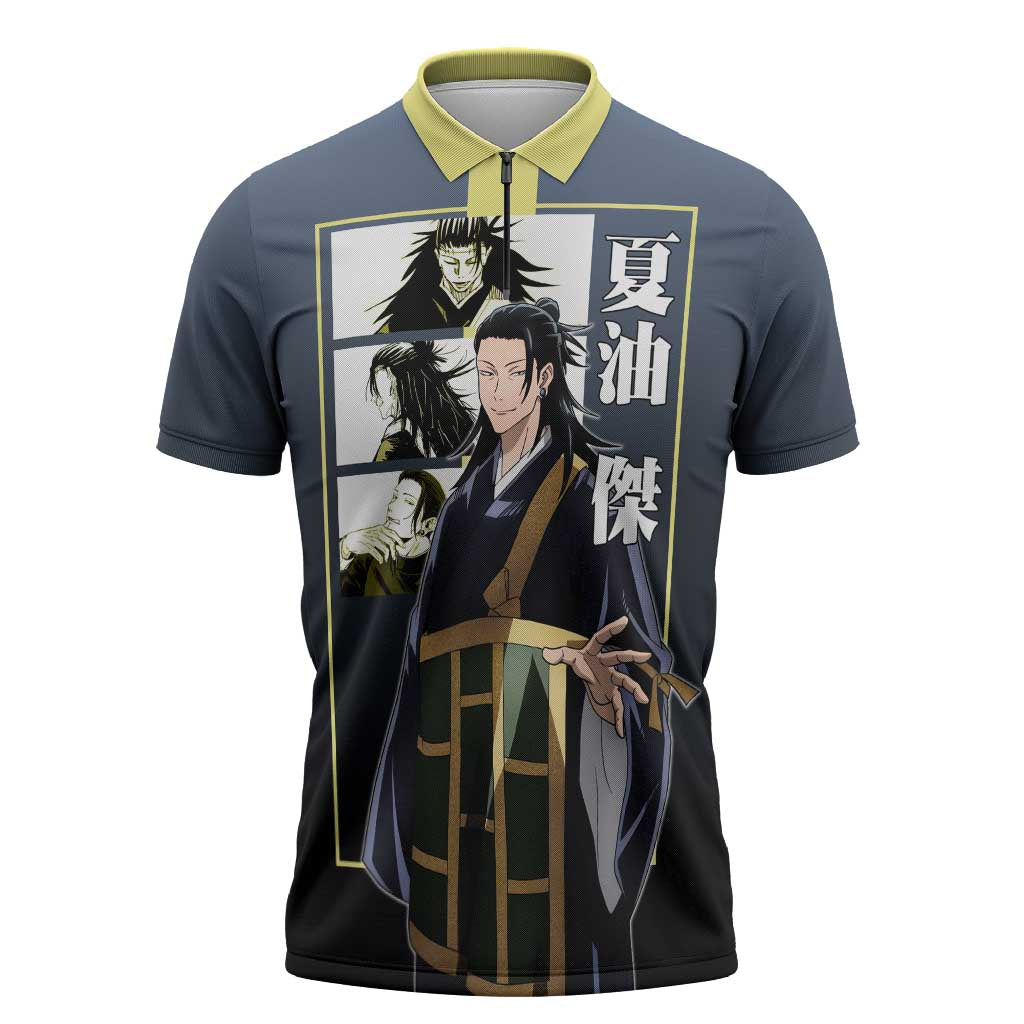 Suguru Geto from Jujutsu Kaisen Zipper Polo Shirt with Yellow and Blue Background and Multiple Poses Design - The Mazicc